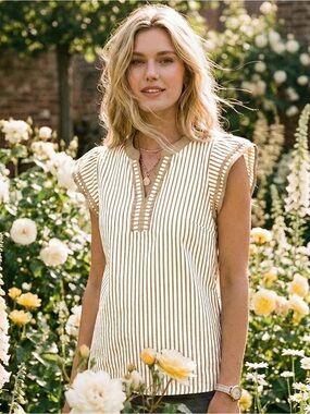 NWT!! Striped Cap-Sleeve V-Neck Top in Cream and Tan